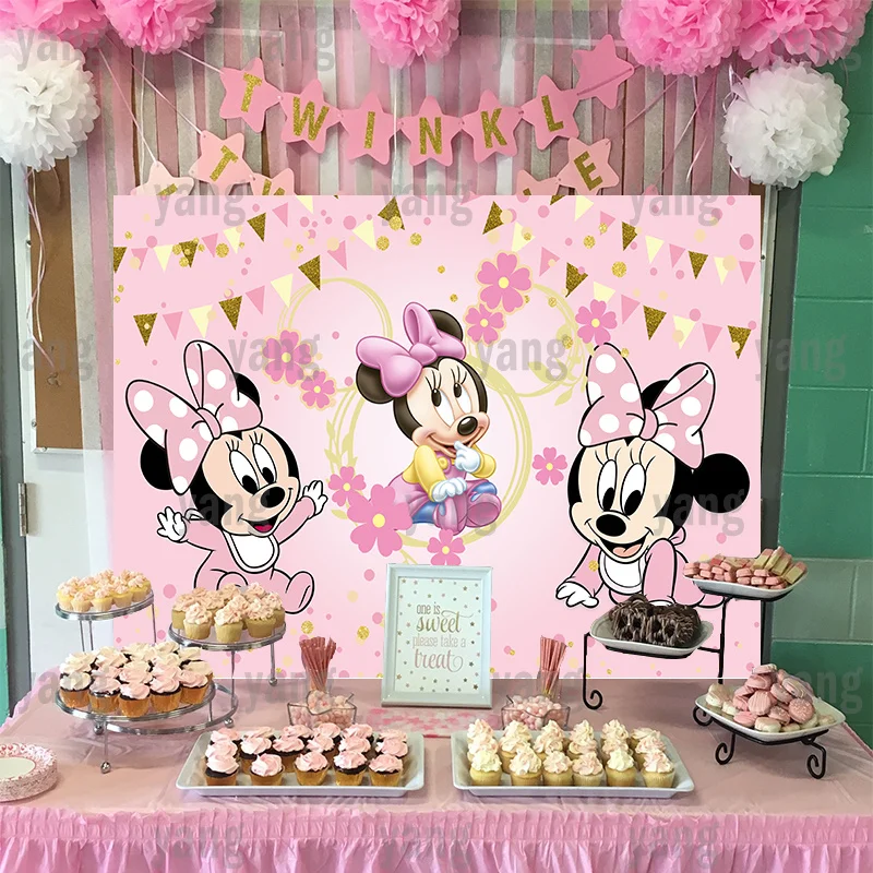 Cartoon Custom Disney Lovely Pink Baby Mickey Minnie Mouse Golden Lace Streamer Birthday Party Backdrop Photography Background