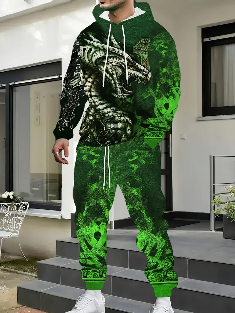 

Осенний крутой костюм с капюшоном с 3D принтом дракона, мужские толстовки, спортивные штаны, повседневный модный спортивный костюм из двух предметов, спортивный костюм для бега