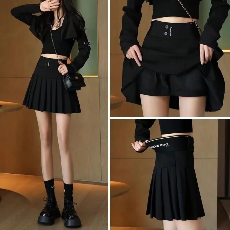 

Women's Pleated Midi Skirt 2023 Summer New High Elastic Waist A-line Light Proof Short Mini Dresss School Girl Uniform Pantskirt