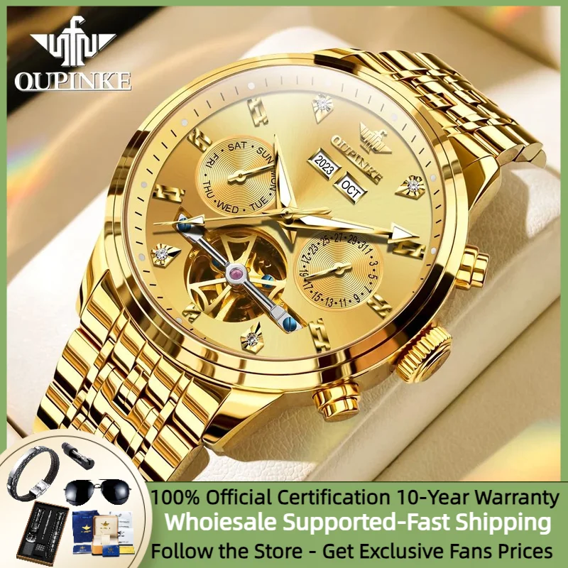 

OUPINKE Luxury Golden Automatic Mechanical Watch for Men Original Stainless steel Flywheel Skeleton Fashion Watch Reloj Hombre