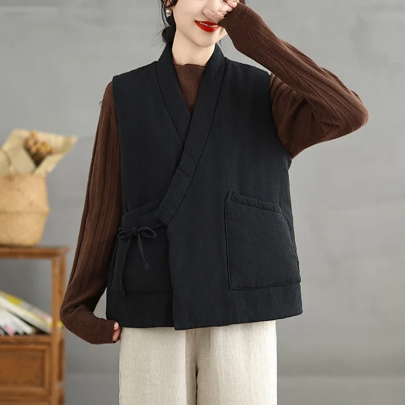 

Thickened Cotton Linen Vest Belted Retro Chinese Style Collarless Coat Korean Street Fashion Winter Women Apparel