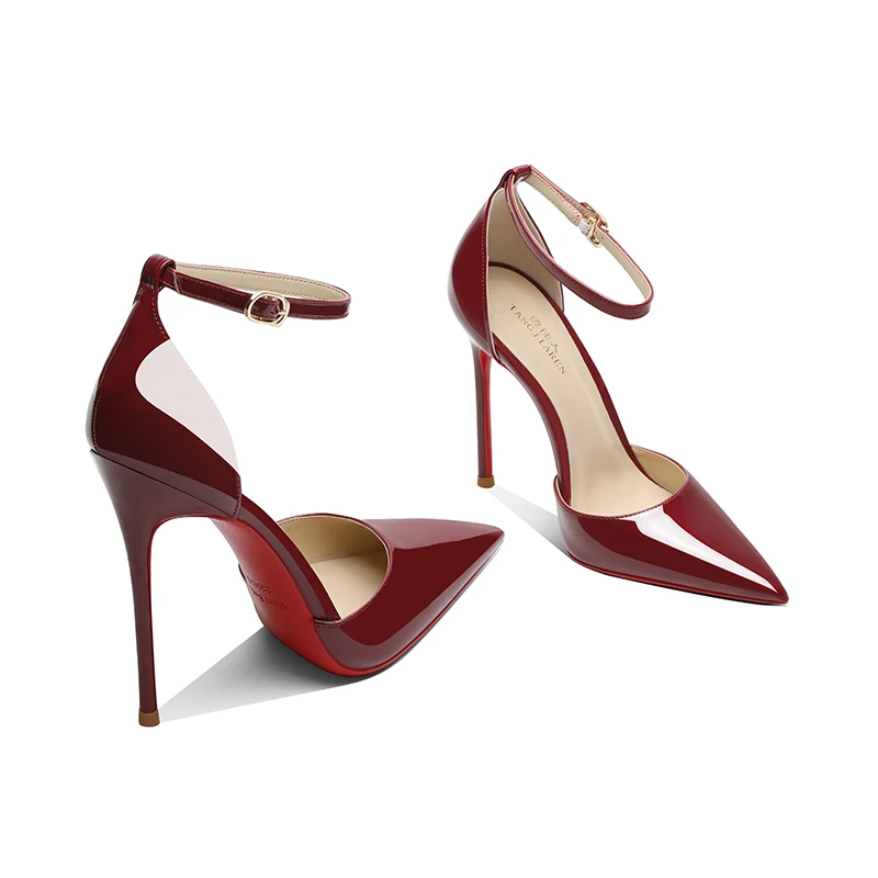 Wine red high heels, women\'s slim heels, one line buckle toe sandals, new sexy temperament, pointed hollow single shoes