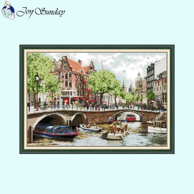 Joy Sunday City Street Series Cross Stitch Kit Aida 16ct 14ct 11ct White Fabric Printed Set DIY Embroidery Set Home Decor Crafts