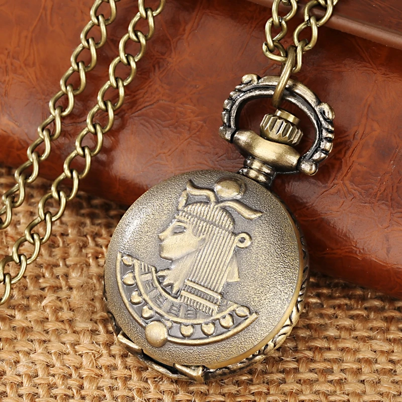 Little Bronze Crown Character Retro Design Vintage Pocket Watches for Men with 80cm Necklace Chain Antique Art Collectibles