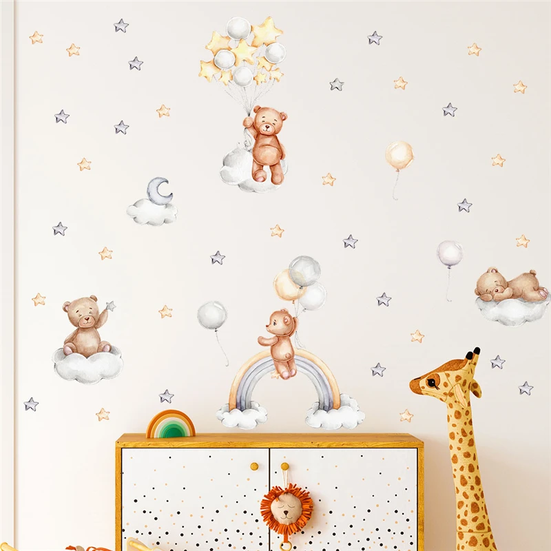 Cartoon Bear With Rainbow Moon Star Wall Stickers For Kids Bedroom Decoration Animal Mural Art Cartoon Home Decal Pvc Poster