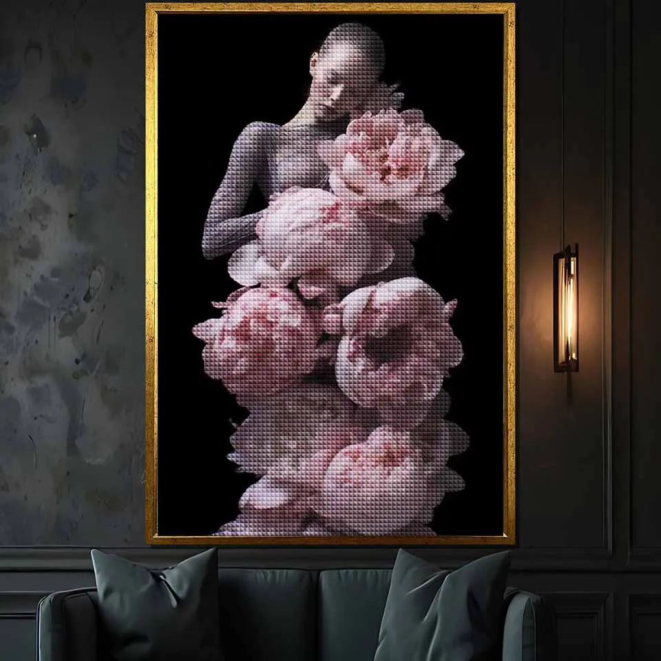 Diamond Painting Art DIY Women Big Flowers on Black Background Diamond Mosaic Kit 5D Rhinestone Cross Stitch Handmade Home Decor