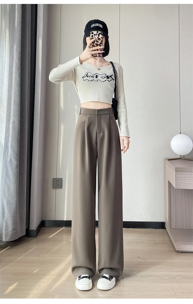 Spring 2024 New Fashion All-Match Simple Office Suit Pants Wide-Leg Pants High Waist Narrow Straight Casual Mop Pants Women