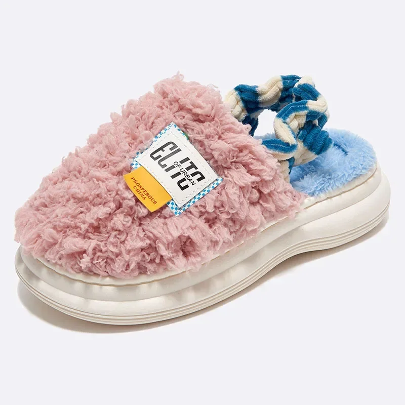 Home Cotton Shoes for Women 2024 Winter Couple Indoor Slides Keep Warm Plush Non-slip Bedroom Floor Chunky Female Fur Slippers