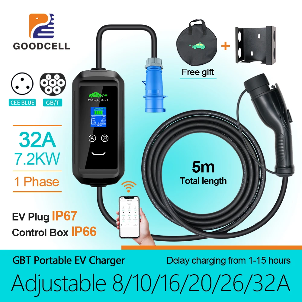 GOODCELL APP GBT EV Charger WIFI Bluetooth Support 1P 32A 7.2KW EU Plug For Home Charge Delay Control By Phone IP66