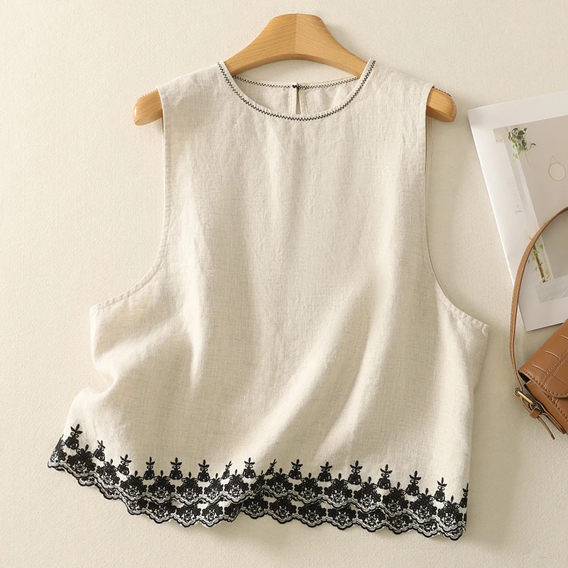 

Новая летняя женская футболка из тяжелого льна с вышивкой, повседневный художественный жилет для похудения, топ, круглый, стандартной длины