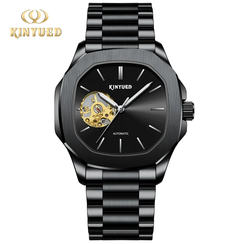 KINYUED Skeleton Automatic Mechanical Men\'s Watches Top Brand Luxury Waterproof Black Stainless Steel Watch Relogio Masculino