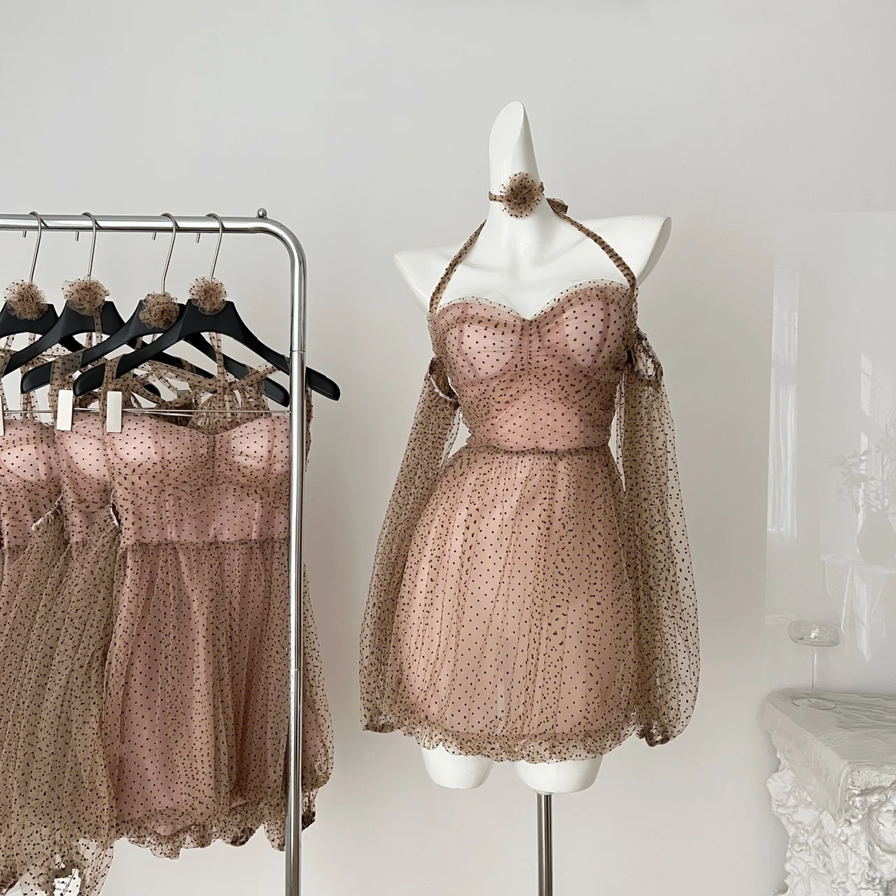 

Summer Women Graduation Long Sleeve Chiffon Dress Mini Polka Dot Frock Evening Shoujo Design One-Piece Party Prom Gown Coquette