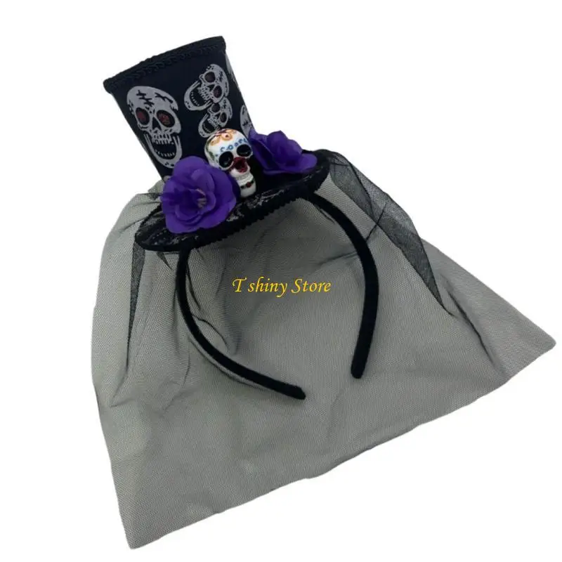 N58F 주제 모임을위한 얇은 베일 헤어 피스 파티 장식을 가진 Spooky Halloween 헤어 액세서리 두개골 머리띠