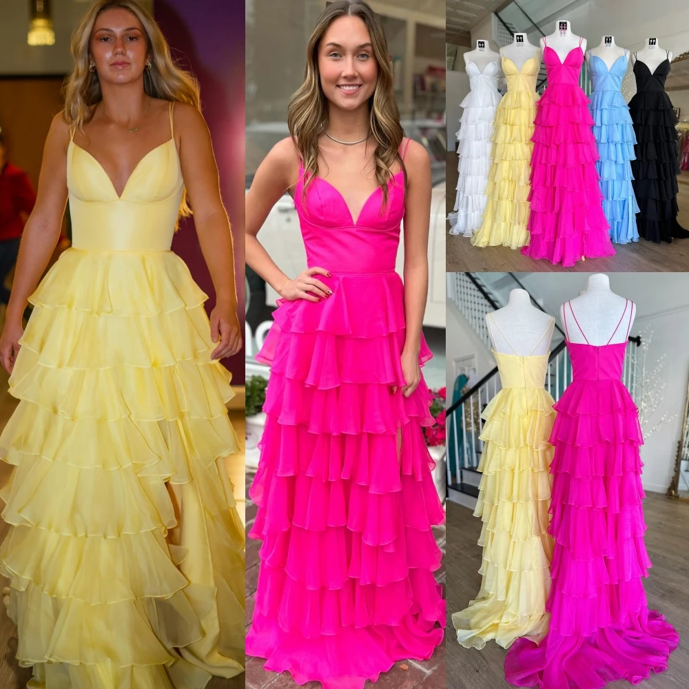 Ruffle Chiffon Prom Dress Bright Pink Pageant Sorority Formal Evening Event Special Occasion Gala Runway Gown Bridesmaid Yellow