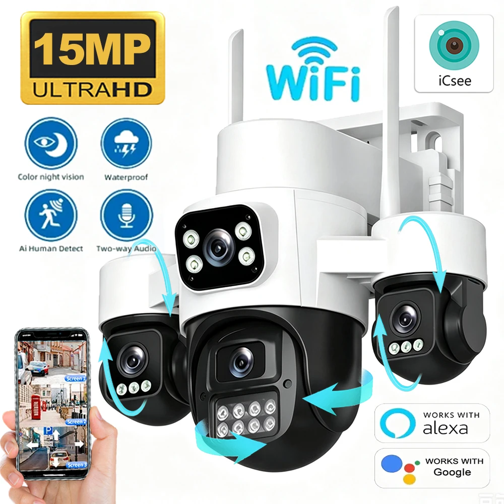 15MP 3-Lens Outdoor Security Camera PTZ WiFi IP Cam with 3-HD Screen Auto Tracking IP66 Waterproof 2-Way Audio CCTV Surveillance