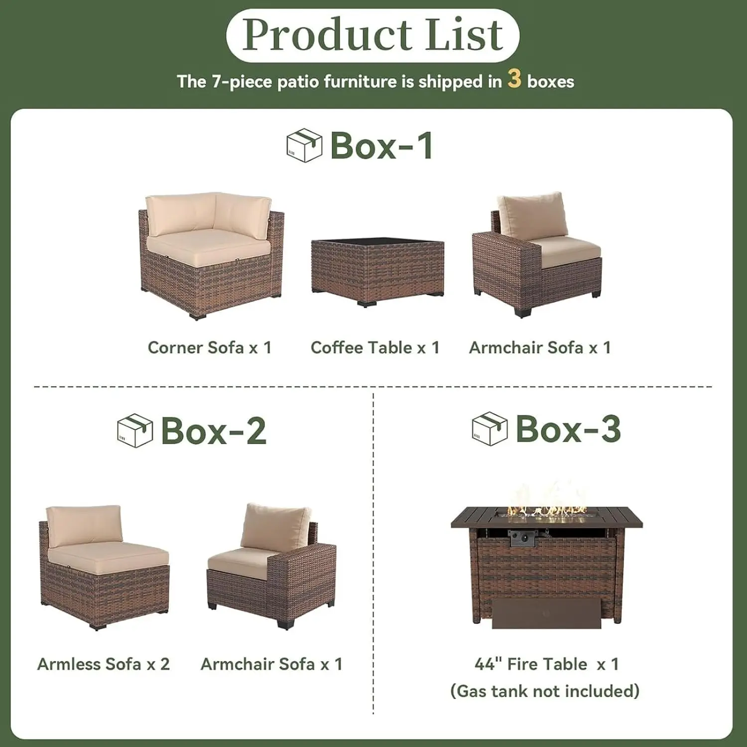 7 Piece Patio Furniture Set with Wide Armrests & 44” Fire Pit Table Wicker Rattan Outdoor Sectional Sofa Set with, Customized