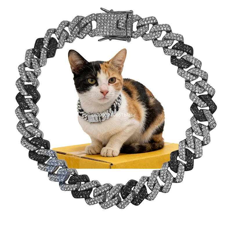 14mm Dog Cat Cuban Collar 3:1 White Black Rhinestone Crystal Walking Metal Chain with Design Secure Buckle Pet Jewelry Gift