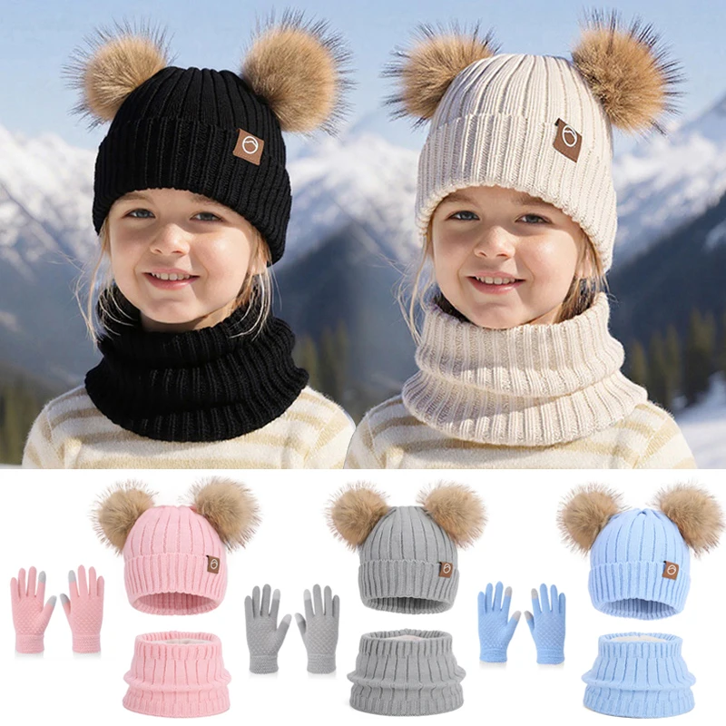 

3 шт., детская зимняя шапка, шарф, перчатки, комплект, меховой шарик, детская вязаная шапка, костюм для девочек и мальчиков, шапки с флисовой подкладкой, детская шапка, От 4 до 10 лет