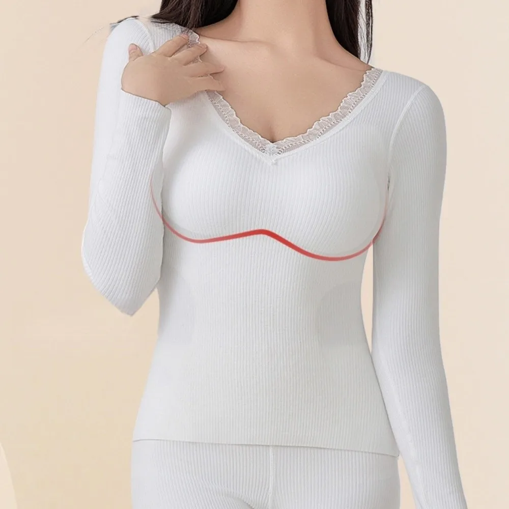 مع وسادة الصدر النساء الملابس الداخلية الحرارية الدانتيل تشكيل الجسم الدافئة بلوزات طويلة السراويل مجموعة بلون لينة ملابس داخلية للتنحيل