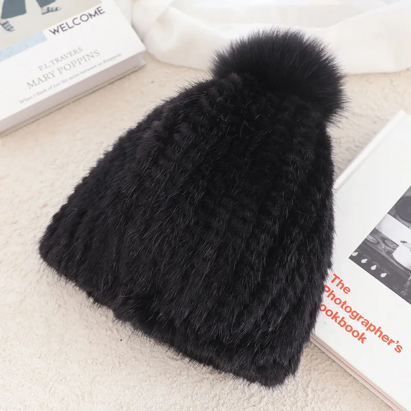 Real Mink Fur Hat For Women New Brand Thicken Female Fur Caps Ladies Winter Knitted Mink Fur Beanies With Fox Fur Pompoms Hat