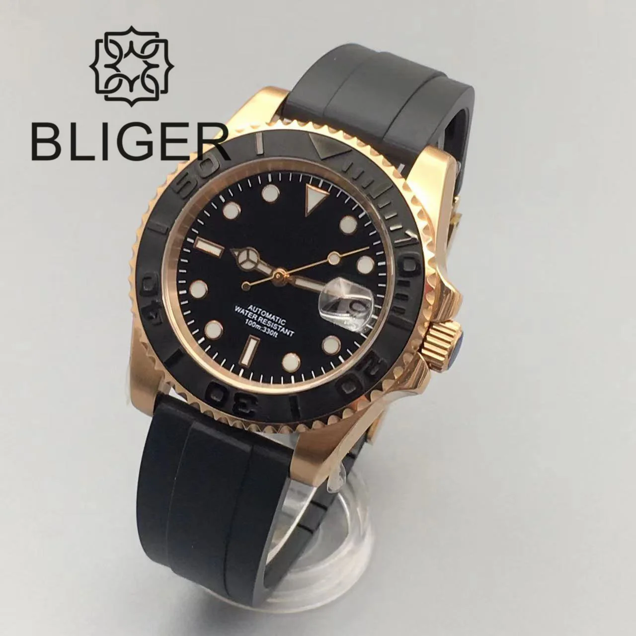 BLIGER 40mm Automatic Men Watch Japan 24 Jewels NH35 Miyota PT Mingzhu Rose Gold Case Brushed Ceremic Bezel Rubber Strap Saphire