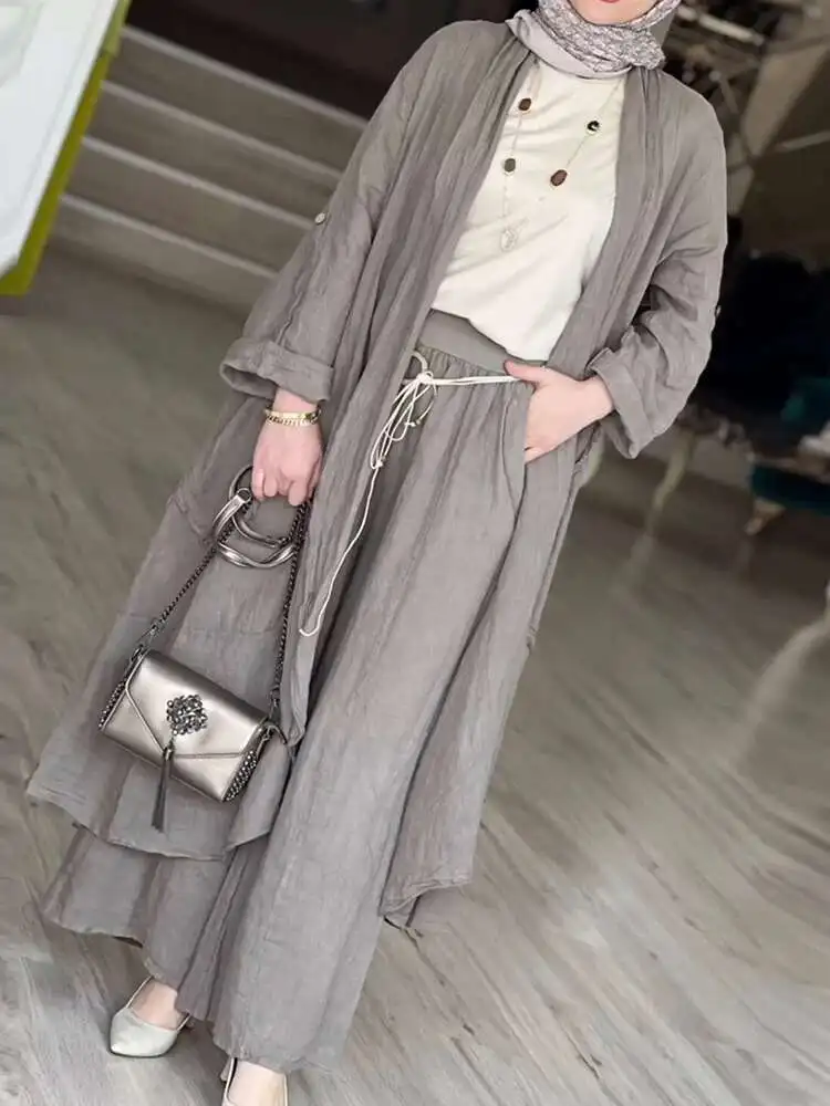 Maxi camisas de manga larga de 2 piezas + pantalones de pierna ancha Eid mujeres musulmanas conjuntos elegantes Abaya Dubai Turquía Tops casuales islámicos traje sólido