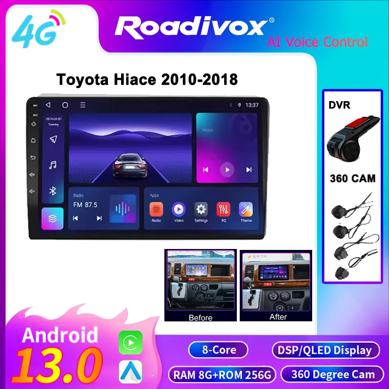 

Carplay WIFI 4G Multimedia Android Car Stereo Radio GPS Navigation for Toyota Hiace 2010-2018 with 360 CAM and DVR Video Player