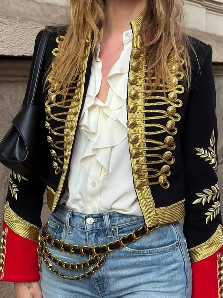 Vintage Women's Cropped Jacket Gold Embroidery Stand Collar Spliced Napoleon Military Coat 2026 Autumn Lady Street Outerwear