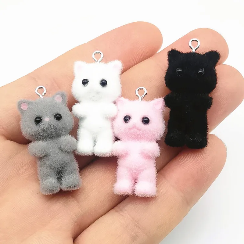 4pcs Fashion Cute Flocking resin Cat Charms Cartoon Plush Animal Doll Pendant Fit Jewelry Making DIY Jewelry Findings