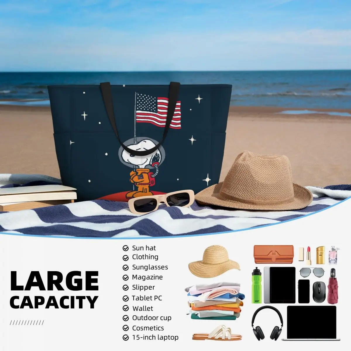 Niestandardowa torba plażowa American Astronaut Snoopy dla kobiet Beagle Dog Duża komora Gym Beach Travel Bags