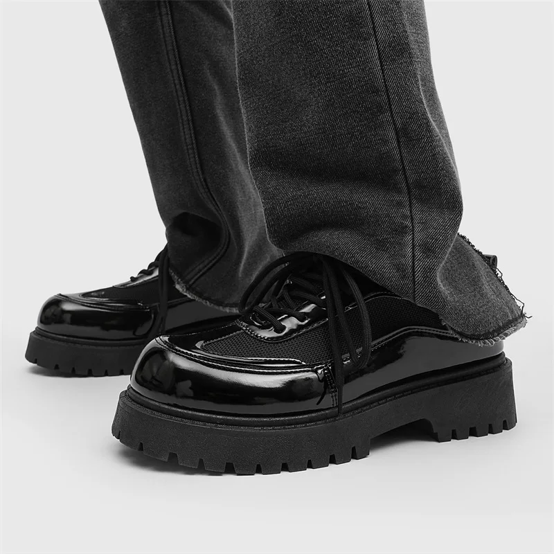2025Men's Trendy Japanese Style High Aesthetic Value Shiny Leather Mesh Parisian Head Debout Shoes Autumn British Casual Shoes