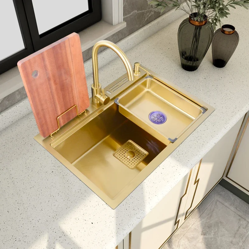 

Gold nano multifunctional stepped 304 stainless steel sink with large single slot kitchen vegetable washing basin thickened