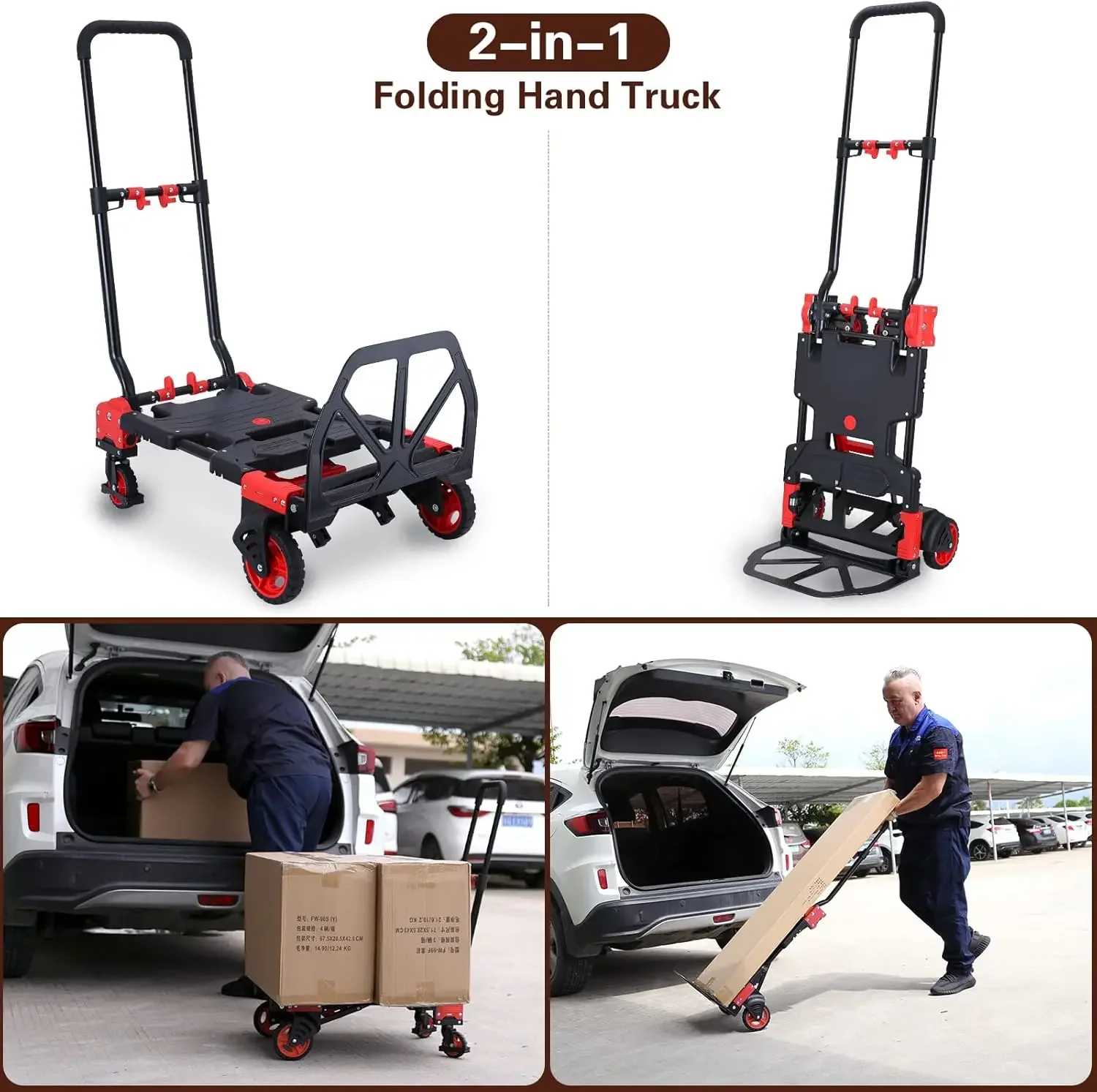 2-in-1 Folding Hand Truck Dolly 330LB Load Carrying,Hand Truck Foldable Dolly with Retractable Handle and 4 Rubber Wheels,Portab