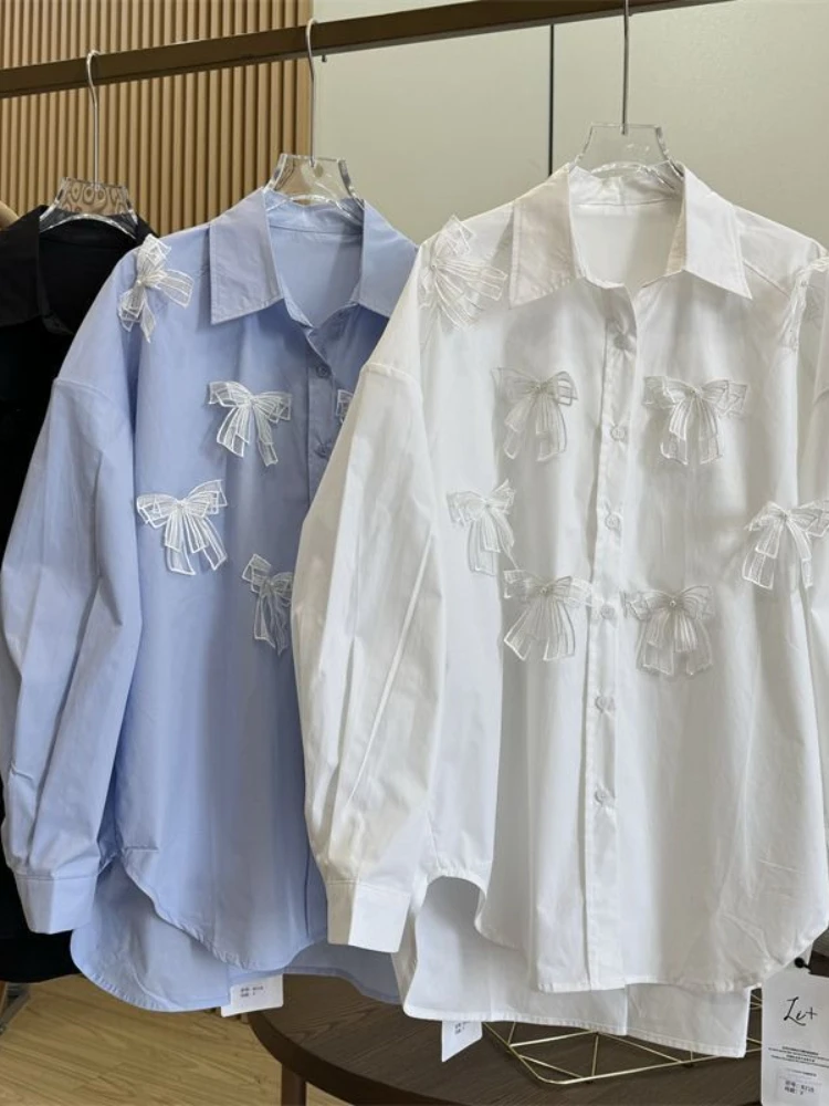 

2025 Spring Autumn Blouses Bow Patchwork Solid Color Long Sleeve Shirts Casual Loose Tops Fashion Elegant Design Women Clothing