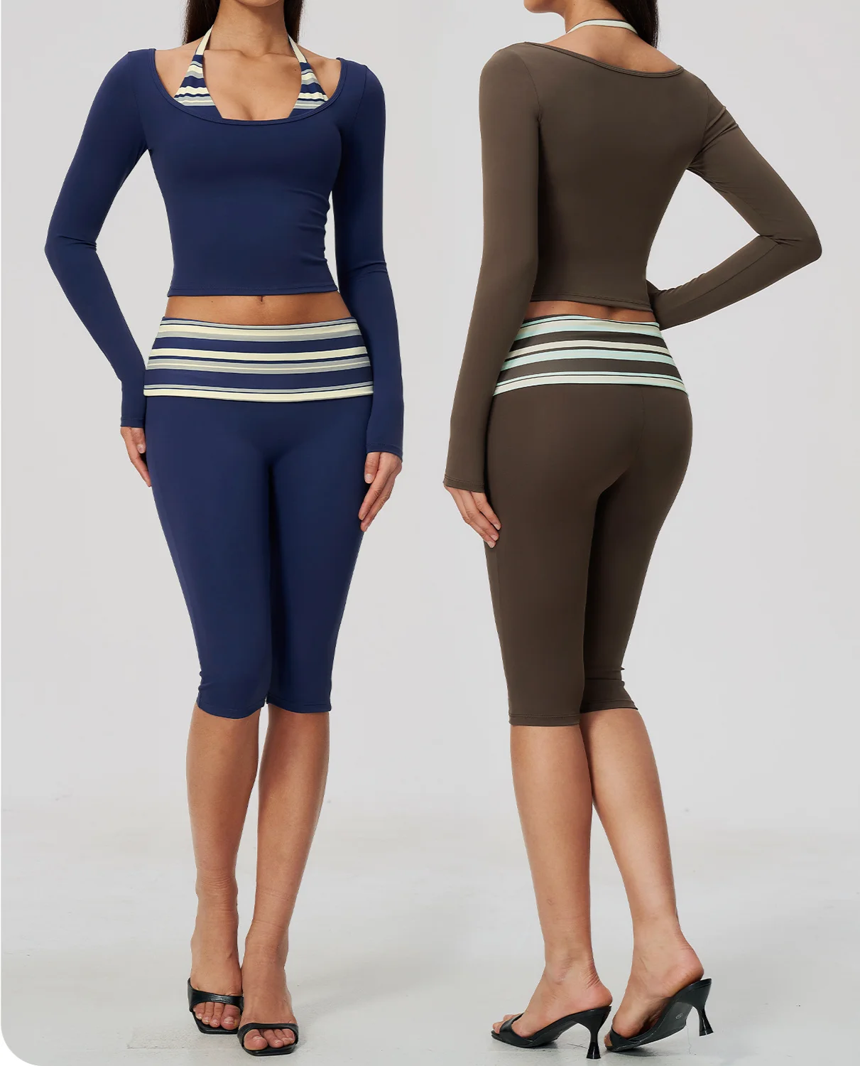 Women 2Pcs Yoga Set Halter Fake 2 Piece Long Sleeve Crop Top Striped Waist Knee Length Leggings Stretch Fitness Gym Activewear