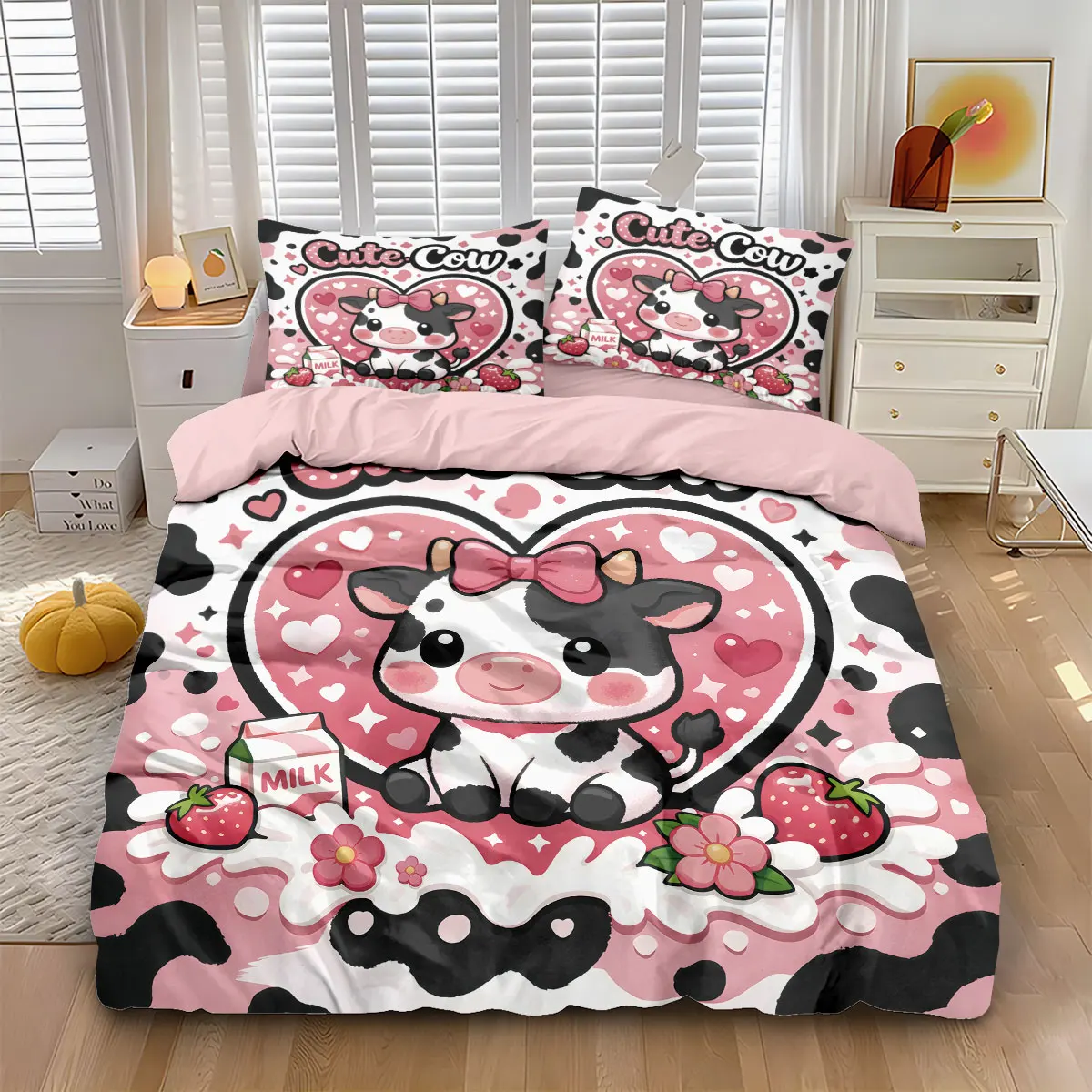 3pcs Cartoon Cute Cow Pink Printed Coreless Duvet Cover Set, Multi Size Bedding Decoration, Machine Washable