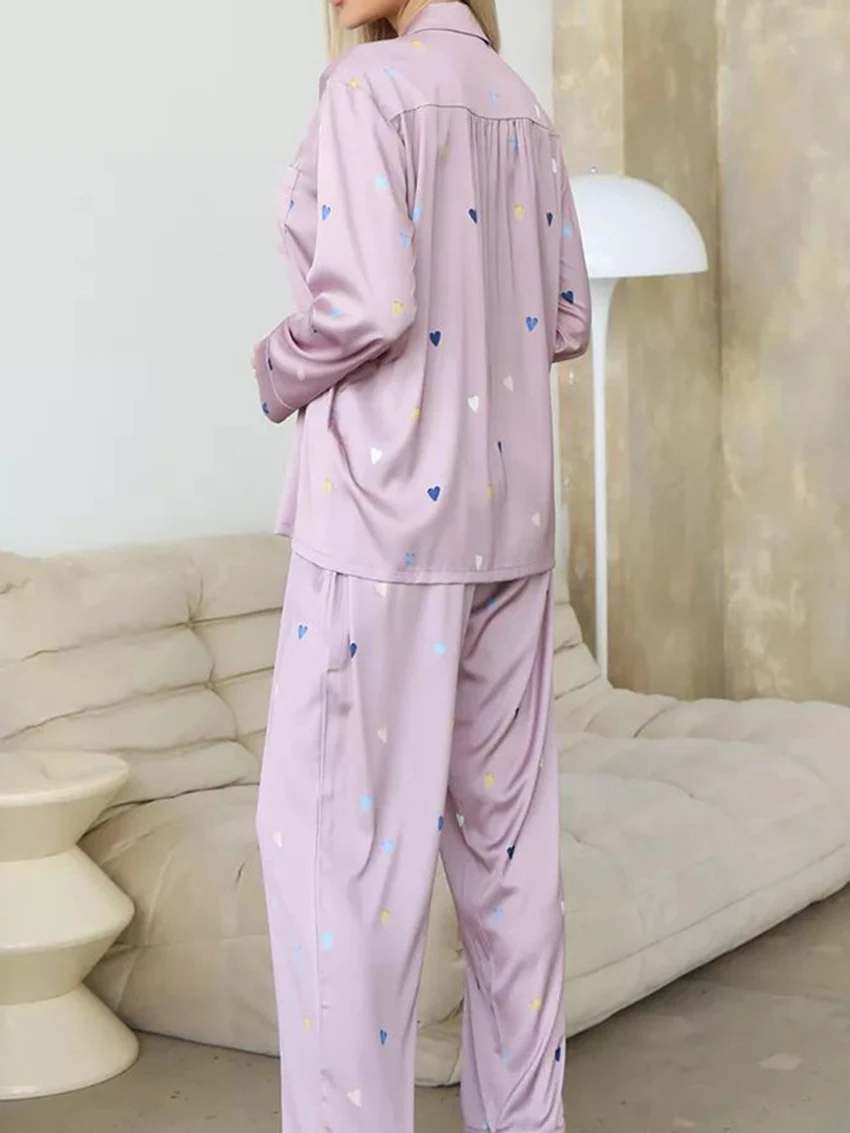 Marthaqiqi Printing Female Pajamas Suit Long Sleeve Nightgowns Sexy Turn-Down Collar Nightwear Pants Casual Women'S Pajamas Sets