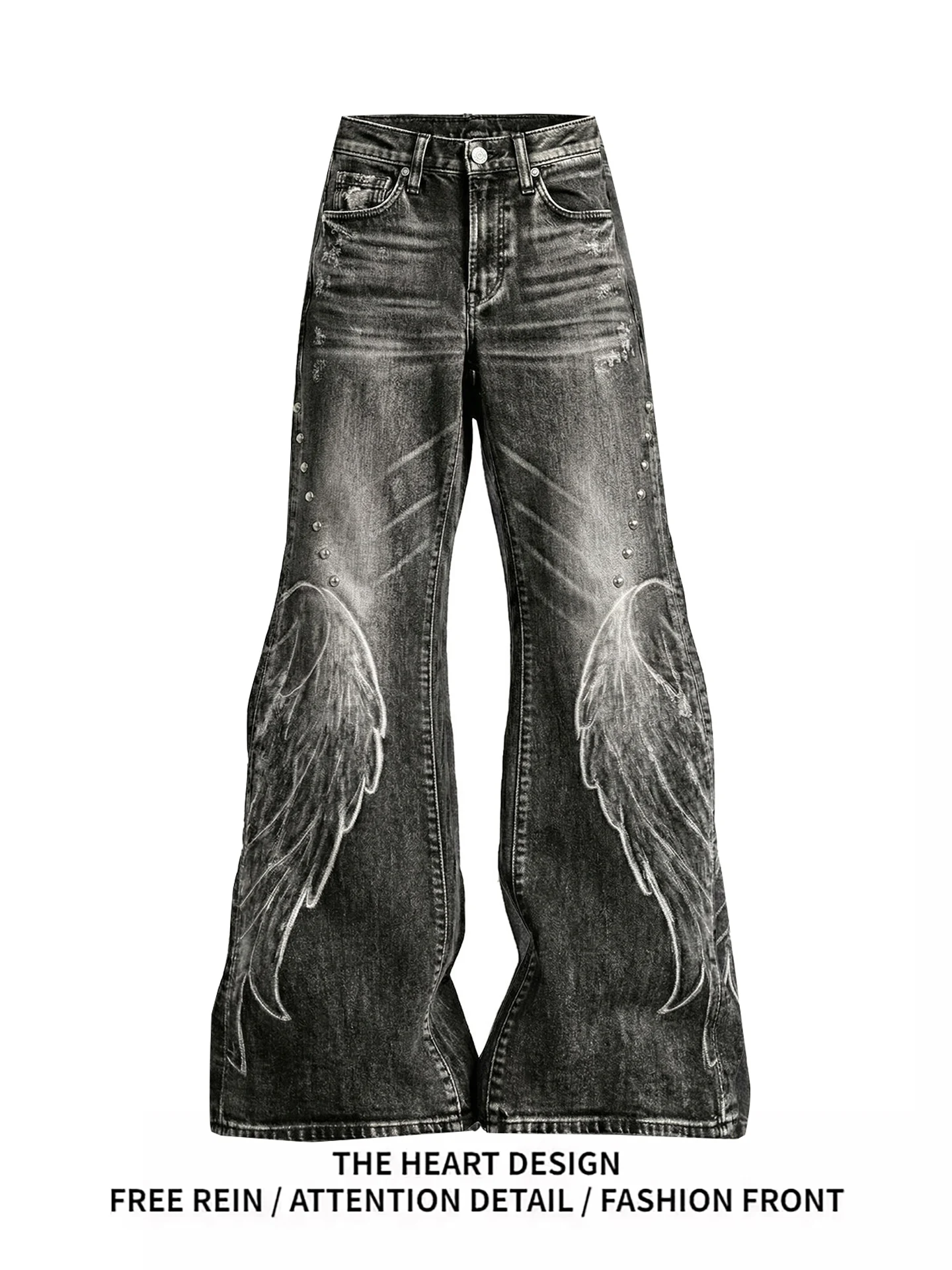 

Retro American Wings Patched Micro Flared Denim Jeans Women's Punk Sle Slim Fit Bell Bot High Waist Straight Leg Pants