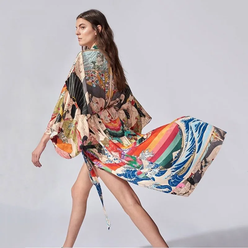 Beach Kimono Cover Ups for Swimwear Bohemian Vintage Printed Self Belted Swimsuit Cape Robe Sales
