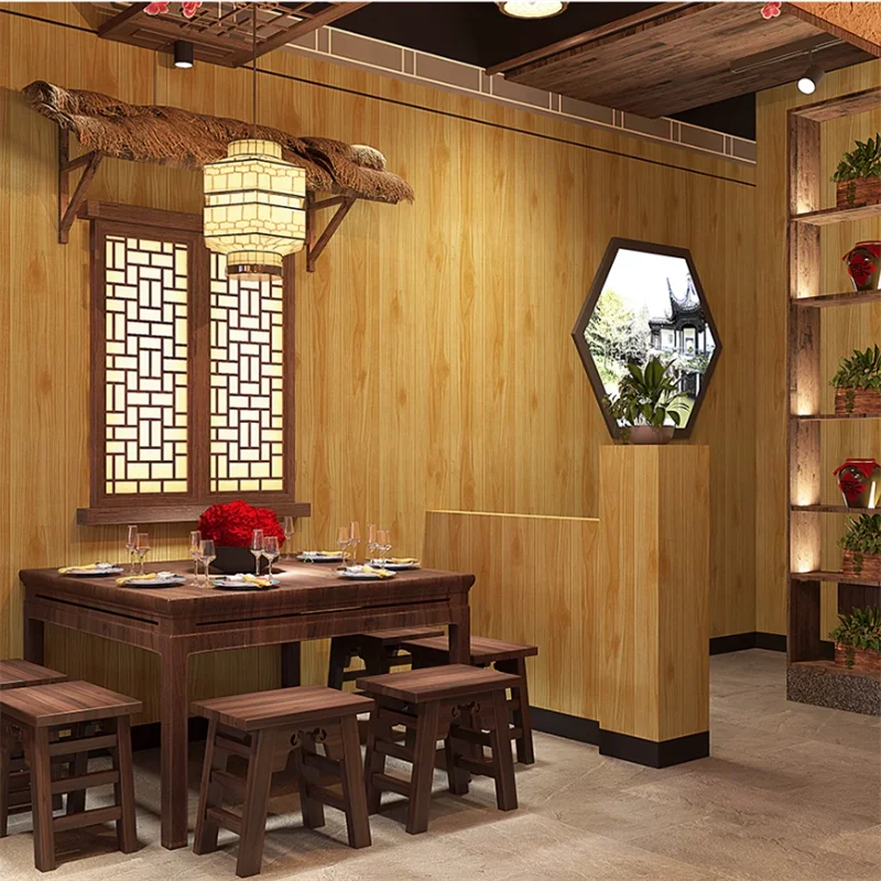 

New Chinese style wallpaper with retro style simulated wood grain wooden board natural Zen inspired classical tea room wallpaper