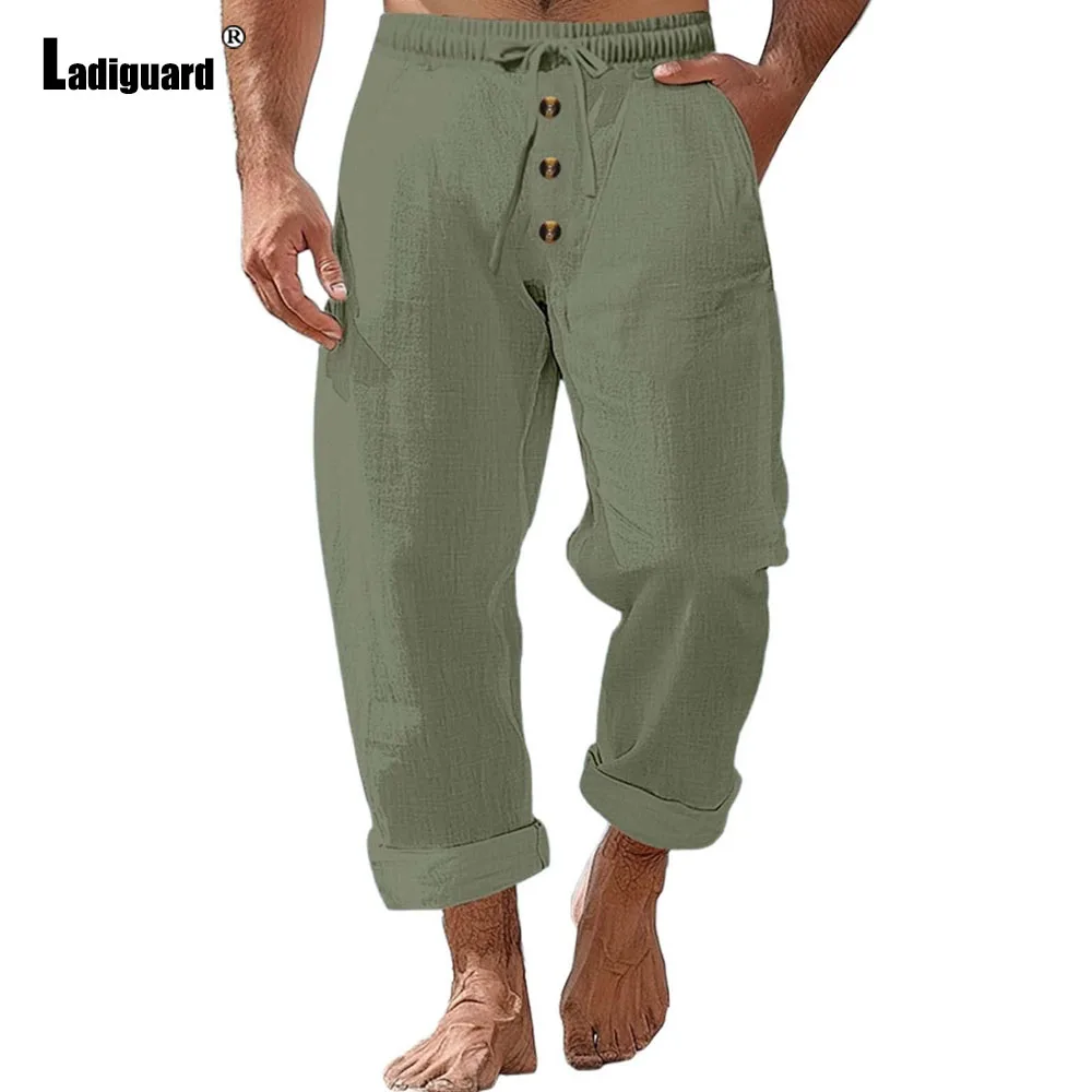 

Plus Size 5xl Mens Casual Straight Pants Men's Stand Pocket LInen Beach Pants Solid White Trouser Male Ankle-Length Bottoms New