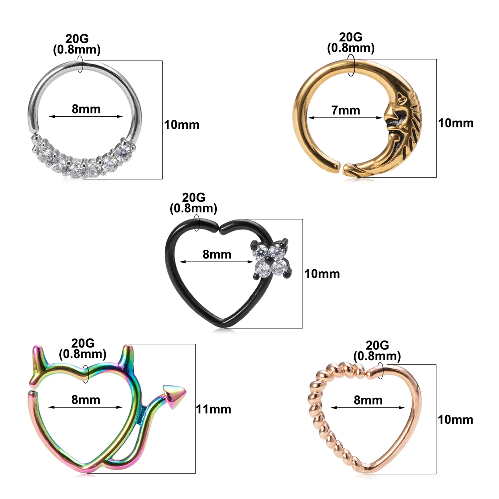1pc 20G Copper Nostril Hoop Nose Piercing Rings Moon Devil Heart Zircon Daith Tragus Cartilage Earring Septum Body Jewelry Women