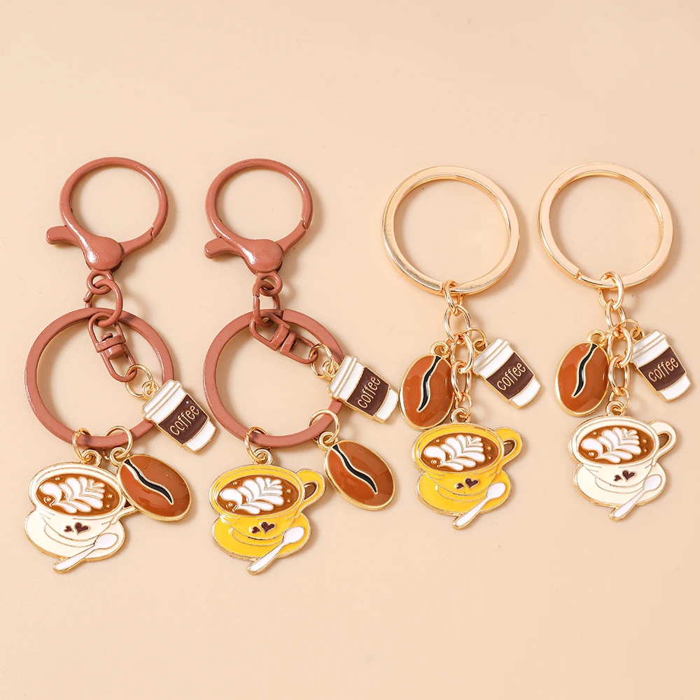 Cute Enamel Coffee Keychain Women Girls Key Ring Pendant for Handbag Decor DIY Jewelry Gift