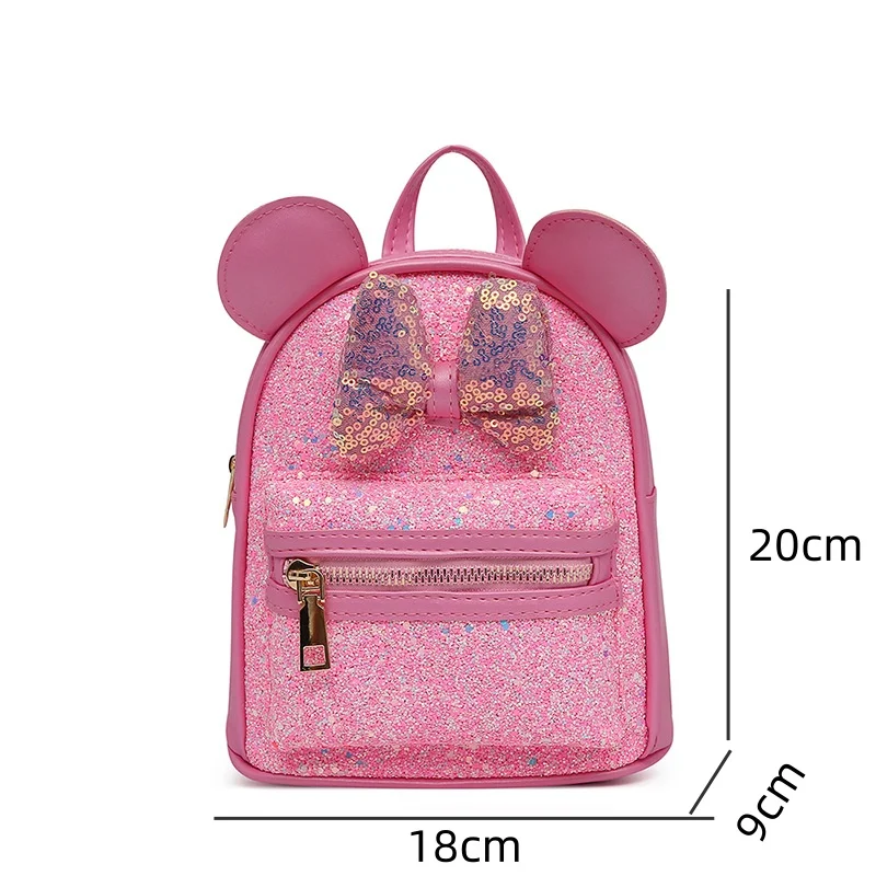 Anime Figure Disney Minnie Bow Kids Bags Girls Fashion Trend Sequins Mickey Mouse Cute Ears Shoulder Backpacks Travel Small Bags