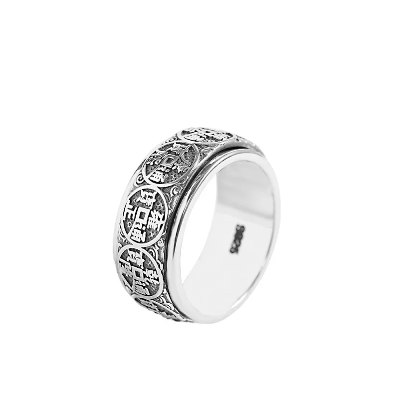 Trendy S925 Silver Ring For Men Jewelry Retro Ethnic Style Emperors Coin Rotatable  Auspicious Ring Male Accessories