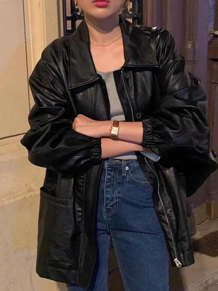 Sli Autunno PU Pelle Jaet Cappotto da donna con colletto con cerniera vestibilità ampia con grandi kets Capispalla lungo da pendolarismo alla moda