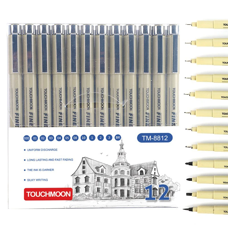 Rotulador de tinta de micrón con delineador de pigmento de 12 puntas para dibujo de Manga, aguja para bocetos, bolígrafo con gancho, juego de papelería para bocetos, suministros de arte