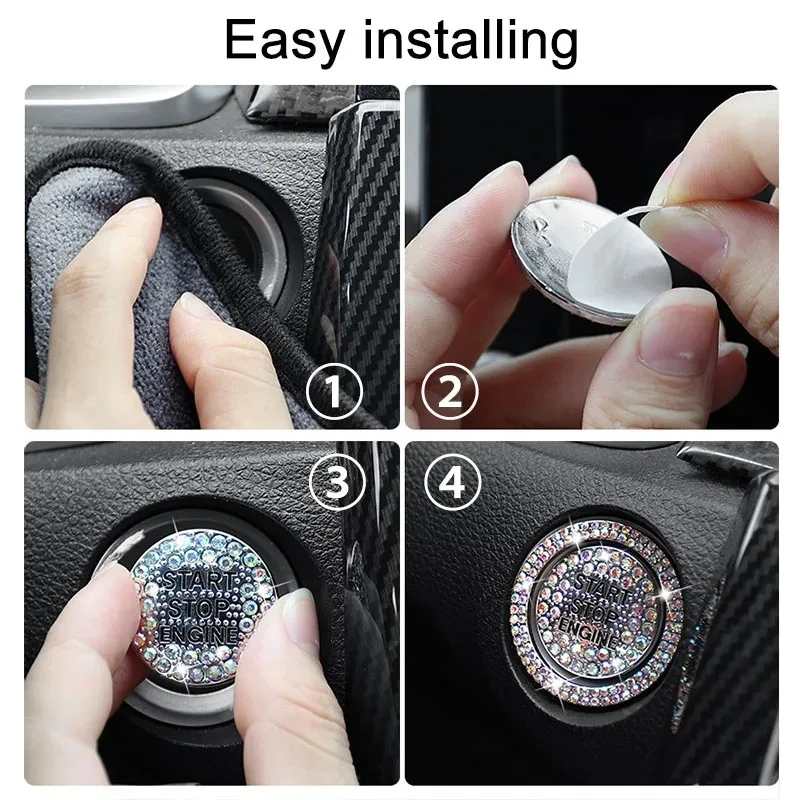 Car Start Switch Button Auto Decorative Diamond Stickers Rhinestone Ring Circle Trims Protective Cover Car Accessories