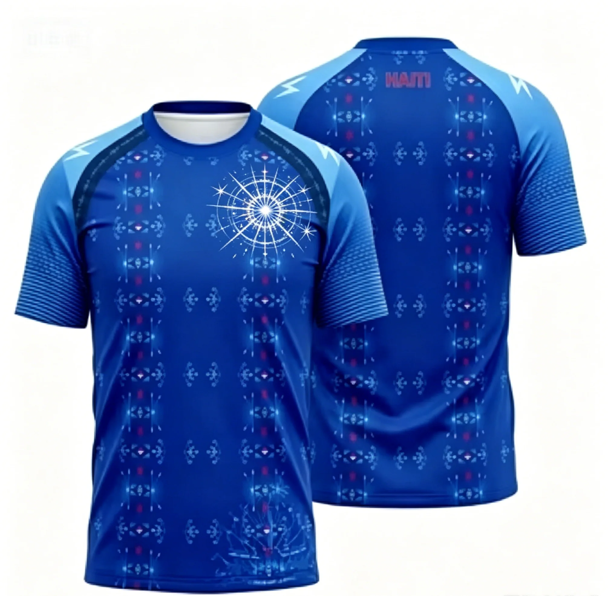 Breathable Haiti Cultural Symbol Print Soccer Uniform Blue Crew Neck Lightning Shoulder Detail Fan Casual Sport Short Sleeve Top