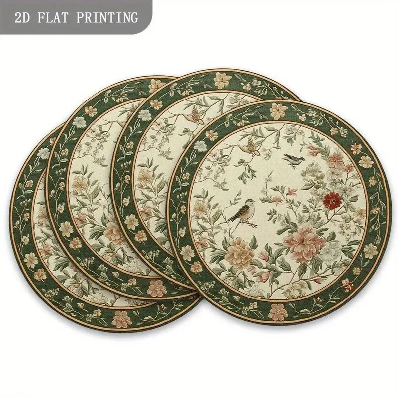 VIKAMA Chinese Retro Bird Flower Green Border Round Placemat, American Rustic Waterproof Oilproof Heat‑Resistant Mat